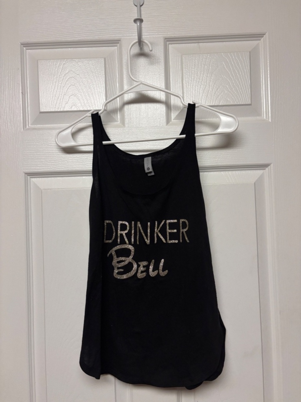 "Drinker Bell" Next Level Apparel Black Tank Top Gold Lettering Size: M
